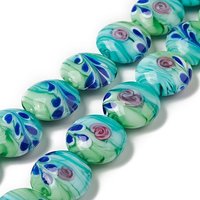Handmade Lampwork Beads Strand, Flat Round Flower, Medium Turquoise — Jewelry Beads