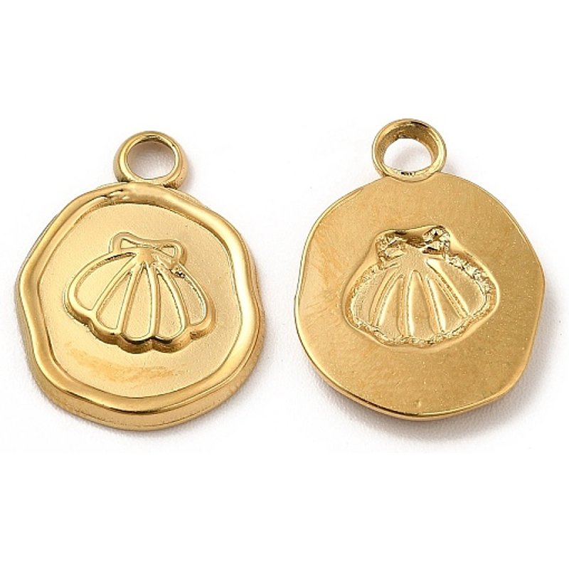 Ion Plating 304 Stainless Steel Flat Round Pendant with Shell Charm — Charms & Pendants