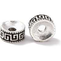 Perles en alliage de style tibétain, rondes plates avec clé grecque, argent antique — Perles à bijoux