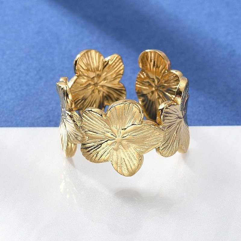 Bague ouverte en acier inoxydable 304 avec motif de fleur, taille 7.5 — Bijoux fantaisie