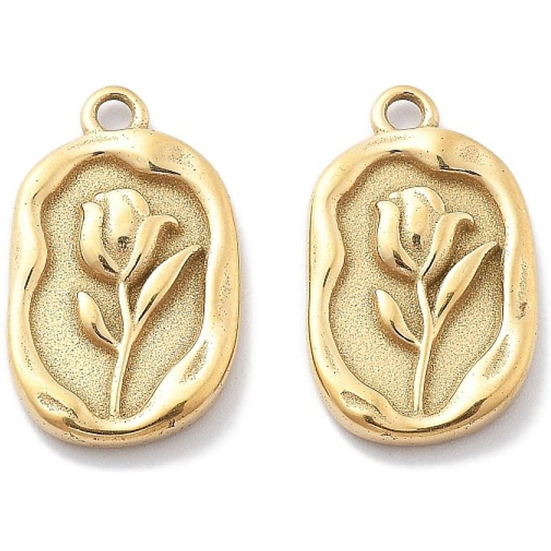 Pendentif ovale en acier inoxydable 304 avec motif floral, plaqué or 18K — Breloques et pendentifs