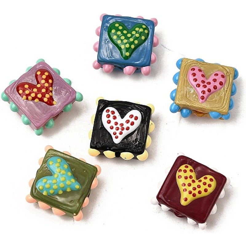 Handmade Lampwork Enamel Beads, Bumpy Square with Heart, Mixed Color — Jewelry Beads