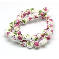 Handmade Flower Printed Porcelain Ceramic Beads, Round, Old Rose — Jewelry Beads