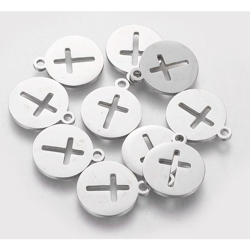 Breloques rondes plates en acier inoxydable 304 avec croix — Breloques et pendentifs