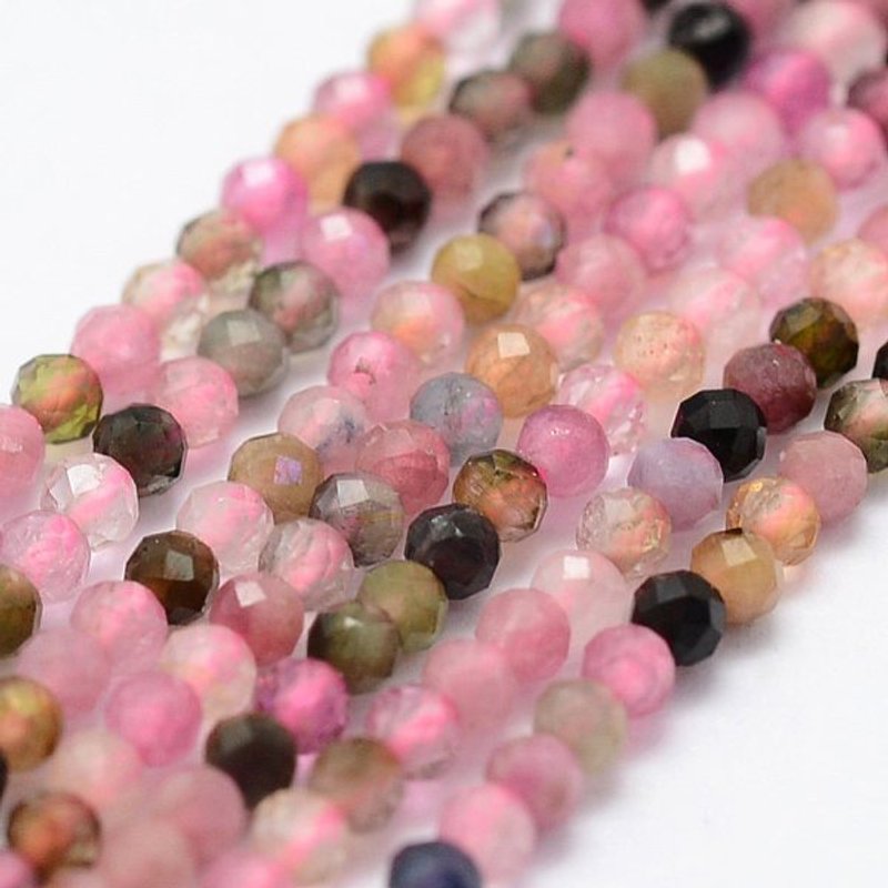 Fils de perles de tourmaline naturelle, facettées, rondes, couleurs mélangées, 2mm — Perles à bijoux