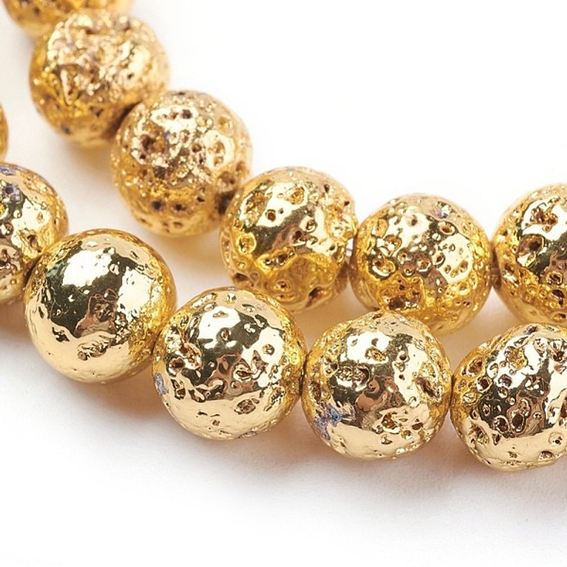 Electroplated Natural Lava Rock Bead Strands, Round, Golden Plated — Jewelry Beads