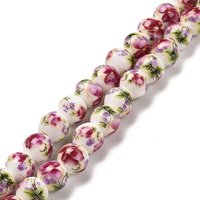 Handmade Flower Printed Porcelain Ceramic Beads Strands, Hot Pink — Jewelry Beads