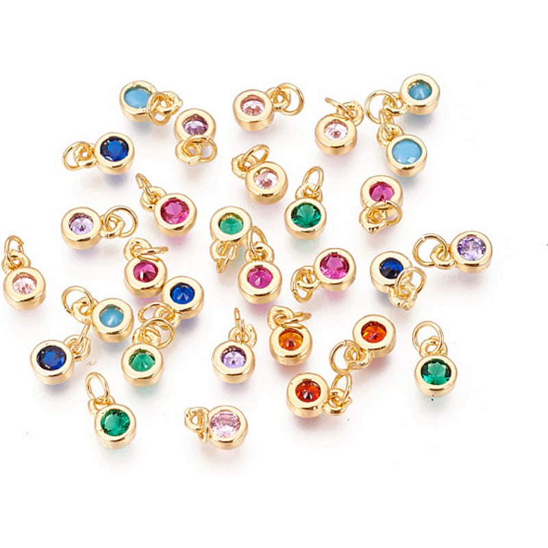 Brass Charms with Single Cubic Zirconia, Flat Round, Mixed Colors — Charms & Pendants