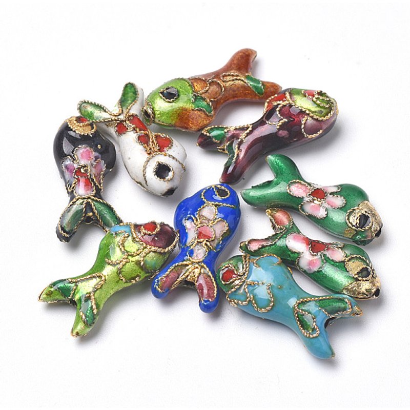 Perles Cloisonnées Fait Main, Poisson, Couleurs Mélangées, 19.5x9x5-6mm — Perles à bijoux