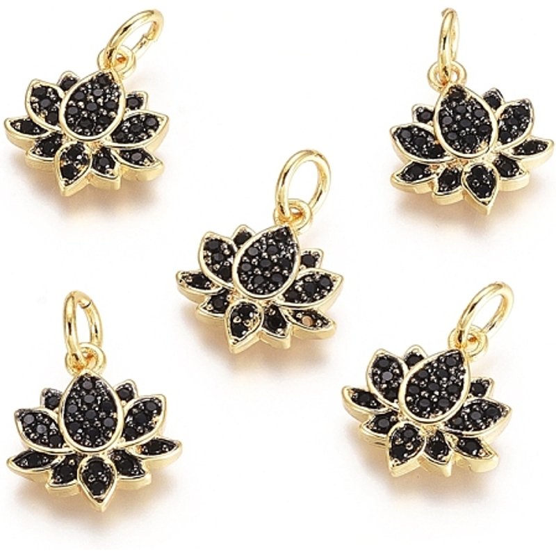 Brass Micro Pave Cubic Zirconia Lotus Charms with Jump Rings — Charms & Pendants