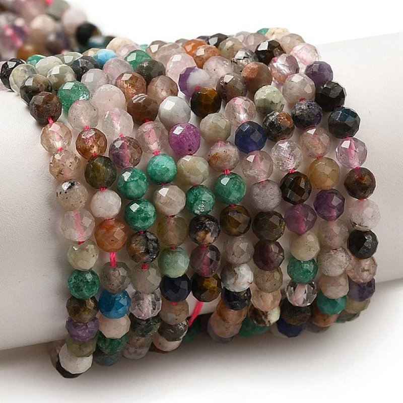 Brins de perles en pierres naturelles mélangées, facettées, rondes, 4mm, 15 pouces — Perles à bijoux