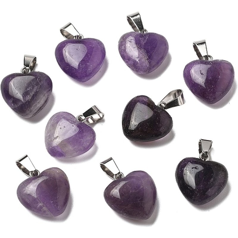 Natural Amethyst Puffy Heart Pendants with Platinum Brass Loops — Charms & Pendants
