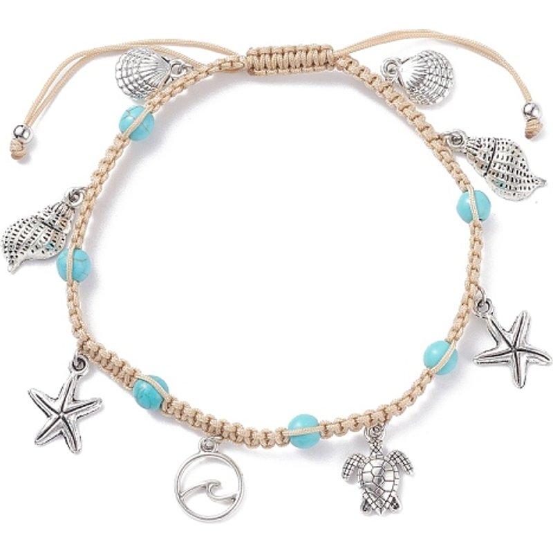 Bracelet de cheville en perles tressées turquoise synthétique avec charms — Bracelet de cheville Femme