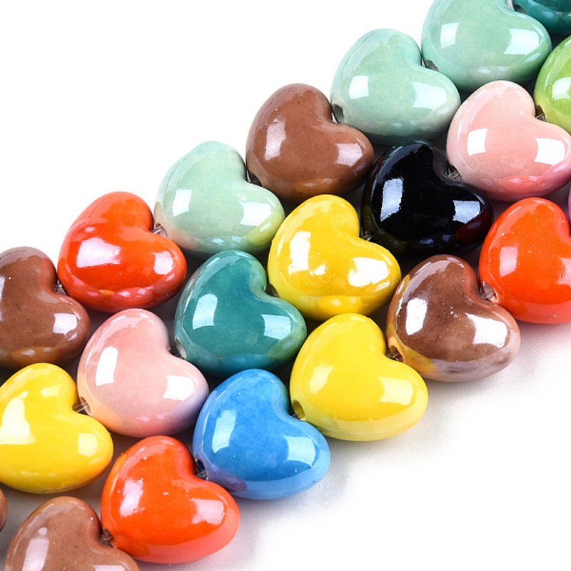 Brins de Perles en Porcelaine Faits Main, Cœur, Couleurs Mixtes, 11,81 pouces — Perles à bijoux
