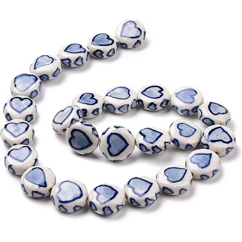 Handmade Blue and White Porcelain Beads Strands with Heart Pattern — Jewelry Beads