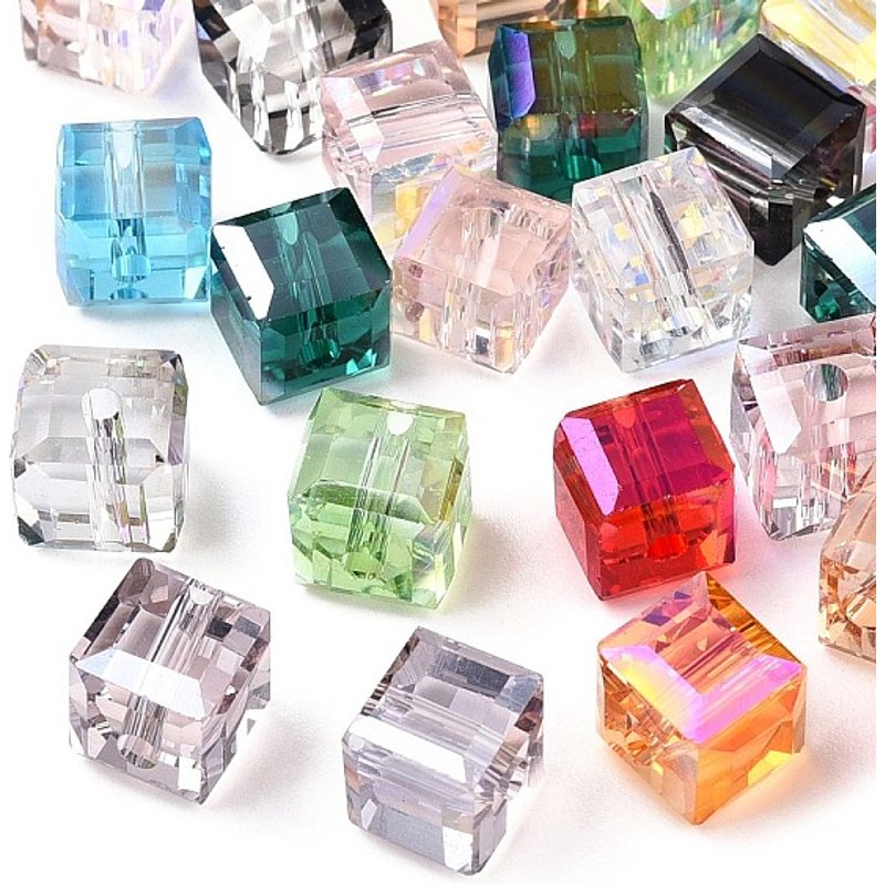 Perles en Verre Transparent Facettées, Cubes, Couleurs Mélangées, 7mm — Perles à bijoux