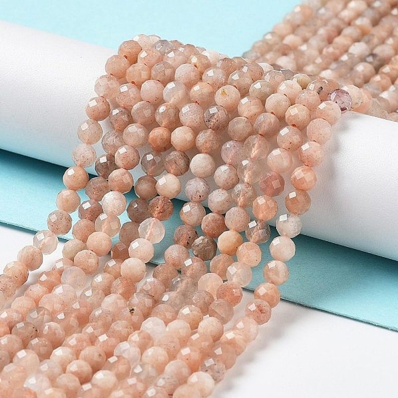Brins de Perles en Pierre de Lune Pêche Naturelle, Ronde Facettée, 3mm — Perles à bijoux