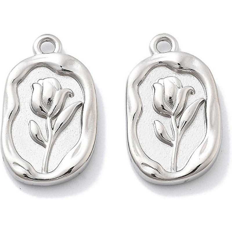304 Stainless Steel Oval Pendants with Flower Pattern — Charms & Pendants