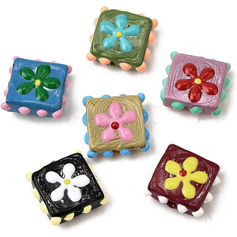 Handmade Lampwork Enamel Beads, Bumpy Square with Flower, Mixed Color — Jewelry Beads