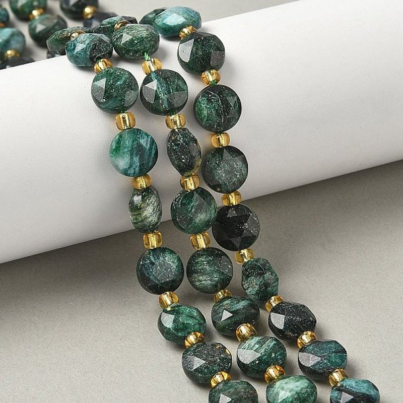 Natural Fuchsite Beads Strands, Faceted Hexagonal Cut, Flat Round — Jewelry Beads