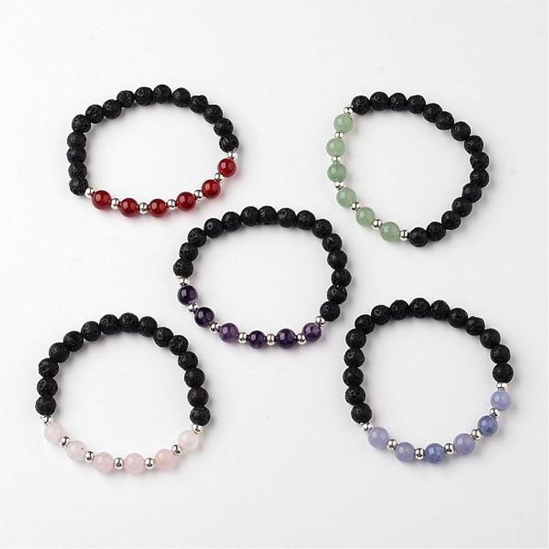 Bracelet Élastique en Pierre de Lave Naturelle avec Perles de Gemmes