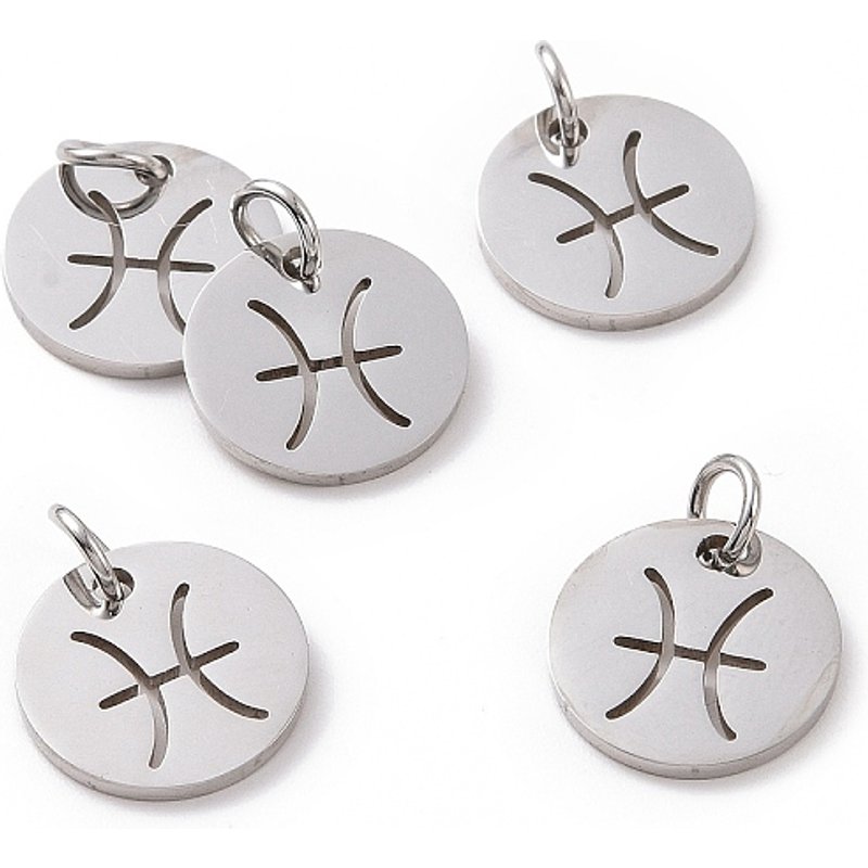 Non-Tarnish 304 Stainless Steel Flat Round Zodiac Sign Charm - Pisces — Charms & Pendants