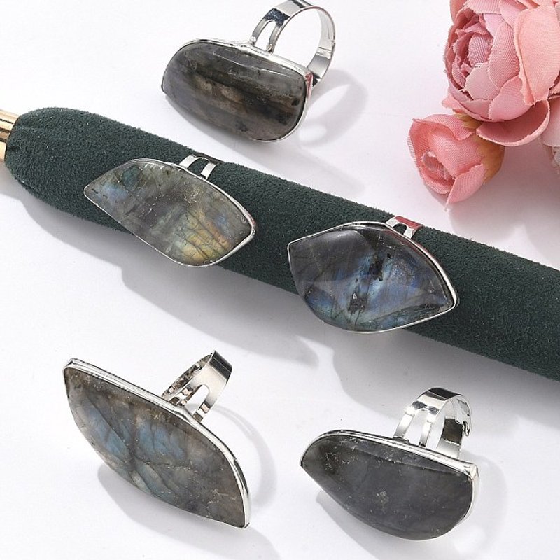 Adjustable Natural Labradorite Ring with Brass Findings — Costume Jewelry