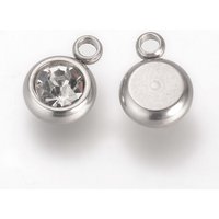 201 Stainless Steel Rhinestone Charms, Flat Round, Crystal