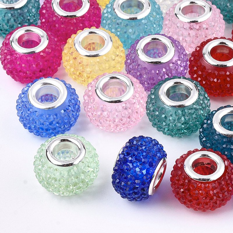 Resin Rhinestone European Beads with Platinum Tone Brass Cores — Jewelry Beads