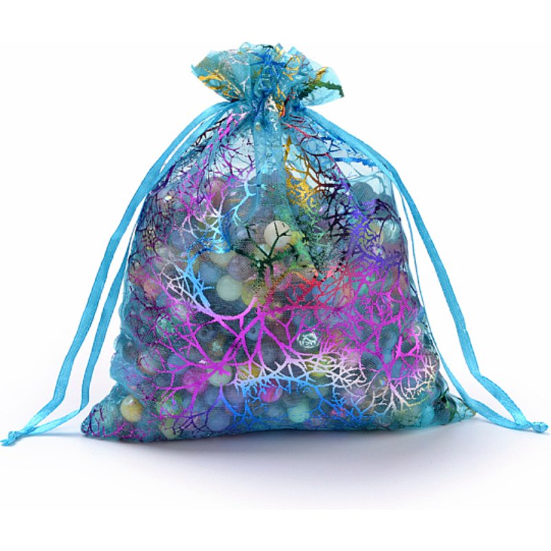 Organza Gift Bags with Colorful Coral Pattern, Dark Turquoise — Jewelry Display & Storage