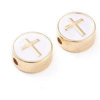 Brass Enamel Beads, Flat Round with Cross, White, 18K Gold Plated — Jewelry Beads