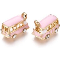 Alloy Bus Pendant with Enamel and Crystal Rhinestones, Golden, Pearl Pink