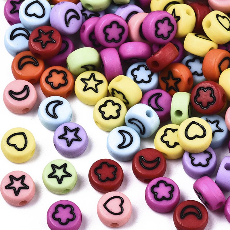Opaque Acrylic Beads with Enamel - Flat Round Heart, Star, Moon, Flower — Jewelry Beads