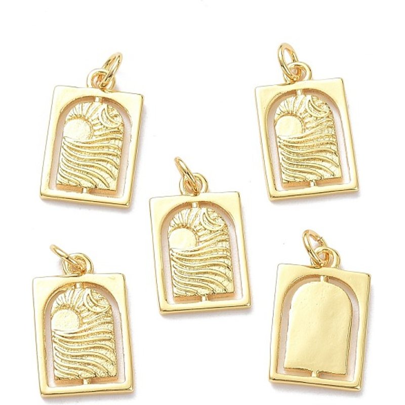 Brass Rectangle Pendants with Sun & Moon Design, 18K Gold Plated — Charms & Pendants