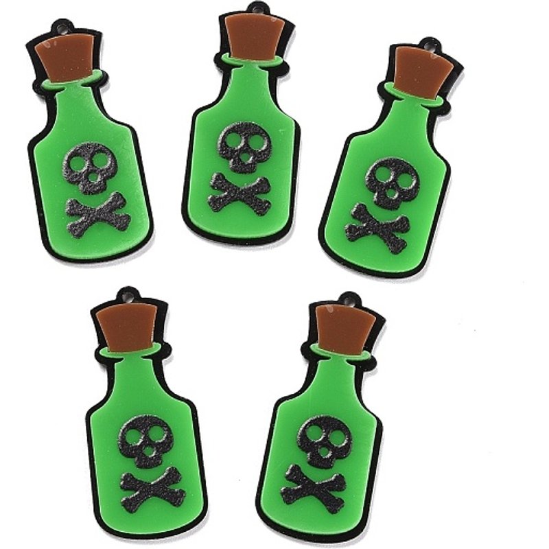 Pendentif Halloween en acrylique - Bouteille avec crâne - Vert lime — Breloques et pendentifs