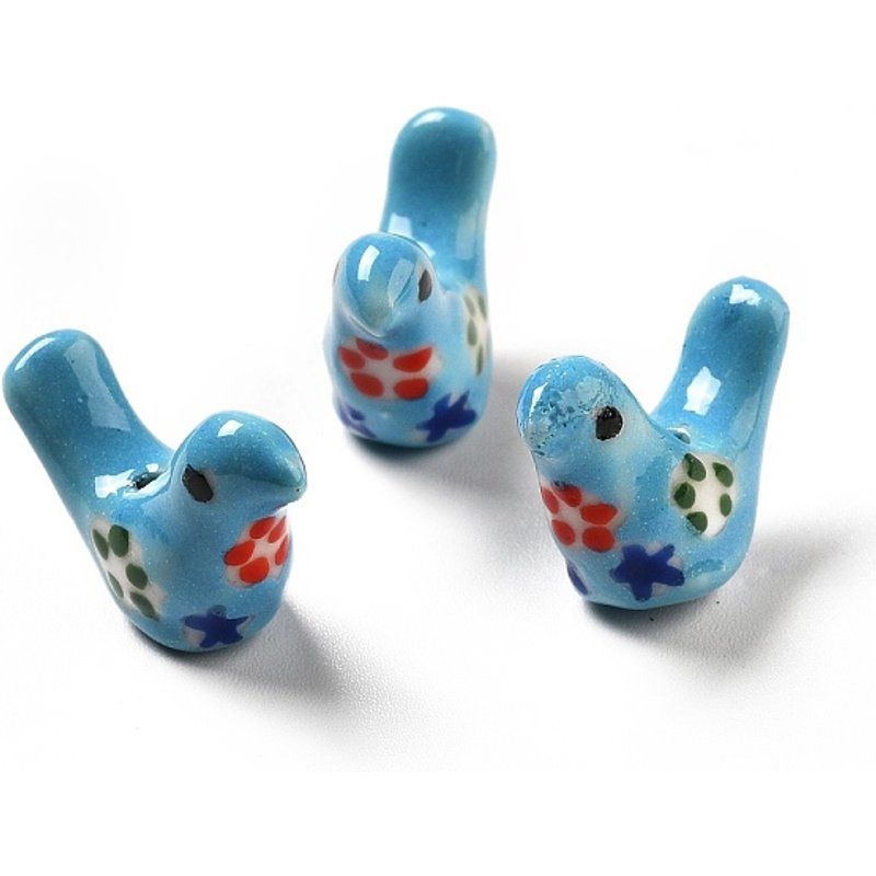 Handmade Printed Porcelain Beads, Pigeon, Deep Sky Blue — Jewelry Beads