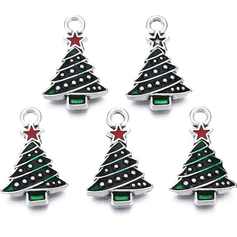 Pendentif en alliage émaillé - Arbre de Noël - Vert foncé - 21x13mm — Breloques et pendentifs