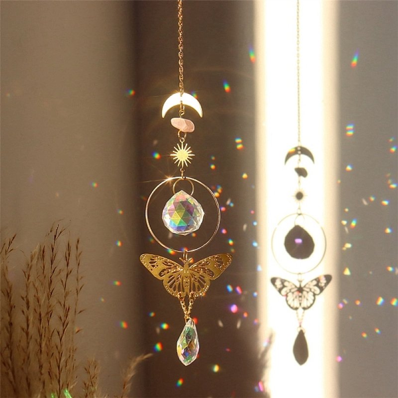 Rose Quartz Brass Moon & Star Hanging Ornaments with Glass Tassels — Wall Decor