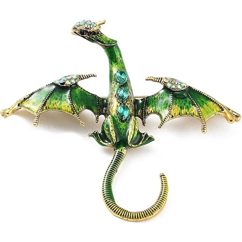 Broche en alliage de dragon avec strass, dorée antique et verte — Broches