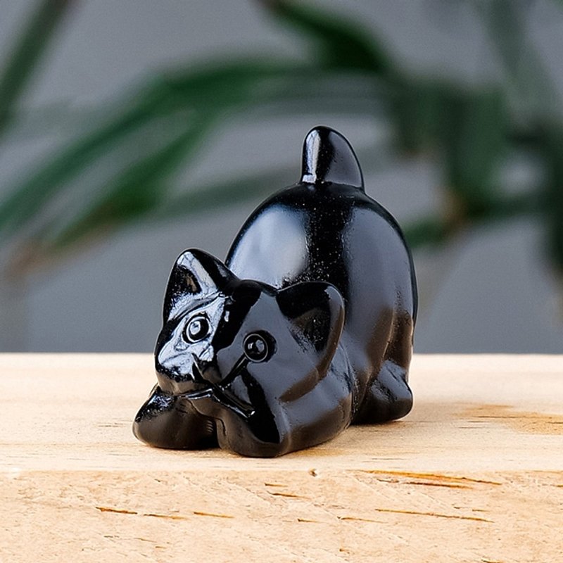 Natural Obsidian Carved Cat Figurines for Reiki Energy Display — Wall Decor