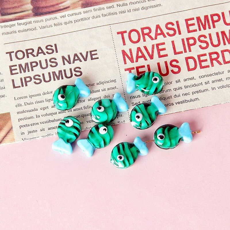 Handmade Lampwork Beads, Fish with Evil Eye Pattern, Aquamarine — Jewelry Beads