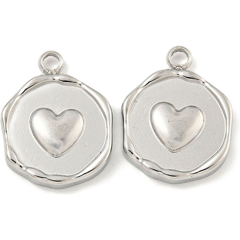 Non-Tarnish 304 Stainless Steel Flat Round Pendant with Heart Charm — Charms & Pendants
