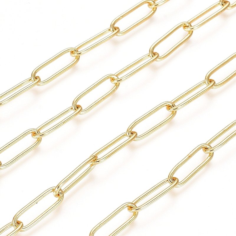 Soldered Brass Paperclip Chains, 18K Gold Plated, 10m Roll