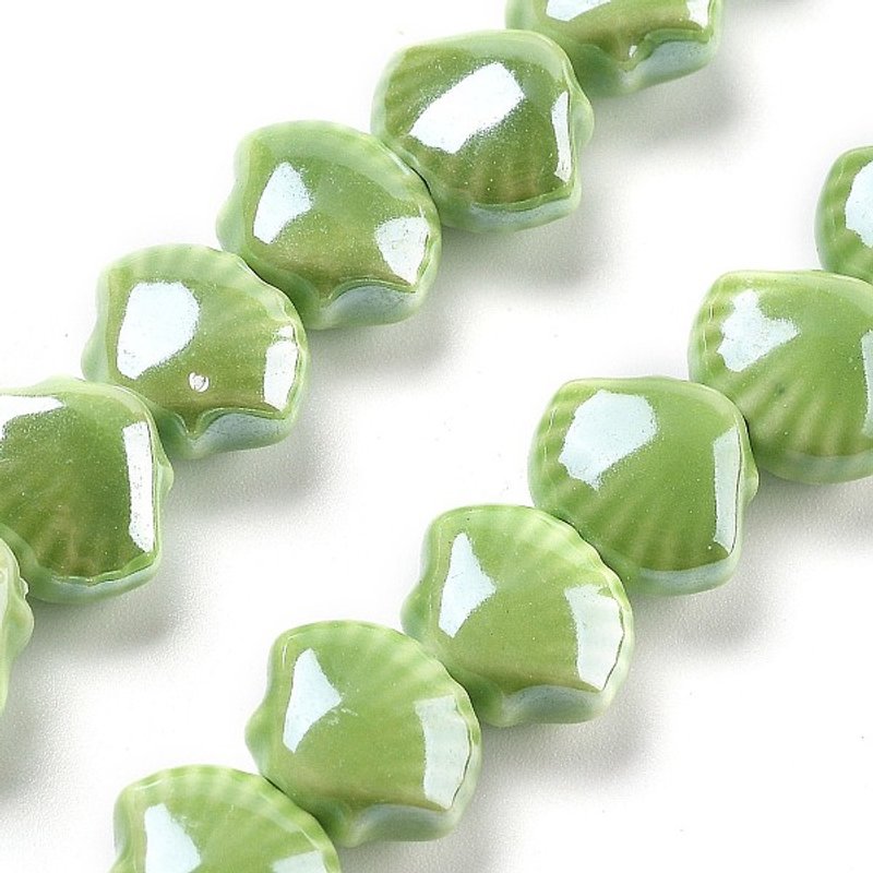 Handmade Green Porcelain Shell Beads, 10x12x6.5mm, 35pcs/strand — Jewelry Beads