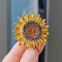 Sunflower Enamel Pins, Alloy Rhinestone Brooches, Gold, 37mm