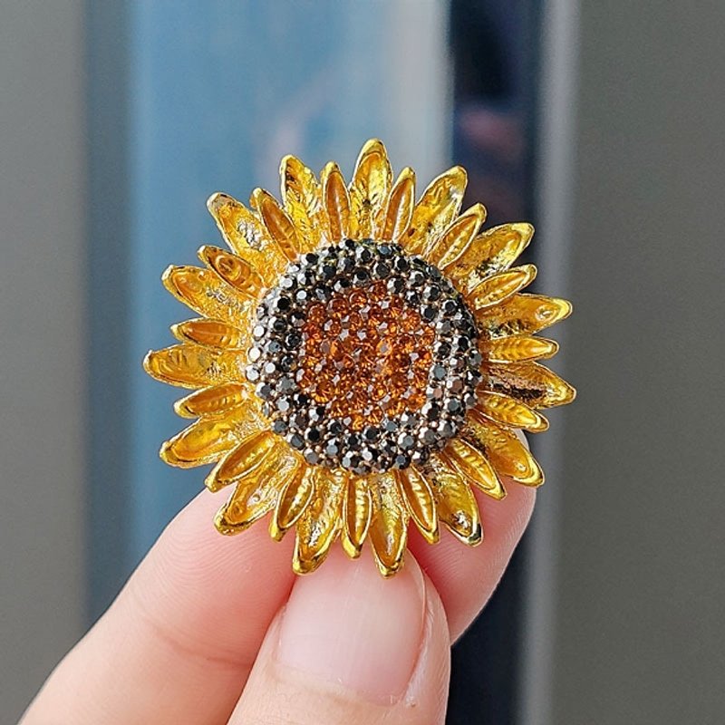 Épingles Émaillées Tournesol, Broches en Alliage avec Rhinestones, Or, 37mm — Broches