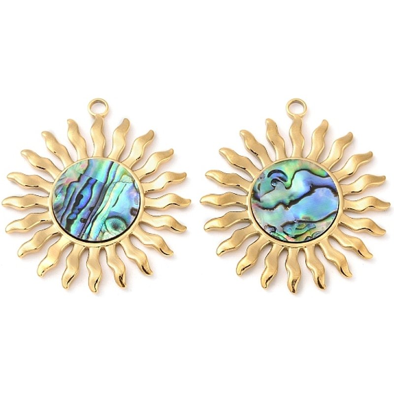 Pendentifs en Acier Inoxydable 304 avec Coquille de Paua Naturelle, Charms Soleil, Plaqué Or 18K — Breloques et pendentifs