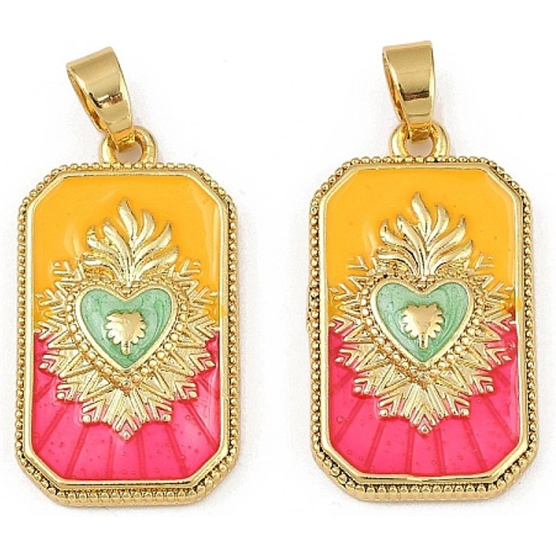 Brass Enamel Pendants with Sacred Heart Charms, Golden Rectangle — Charms & Pendants