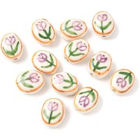 Flower Theme Handmade Porcelain Oval Beads, 15-15.5mm — Jewelry Beads