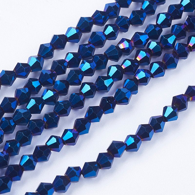 Brins de perles en verre électroplaqué, bicone facetté, bleu, 3x3mm — Perles à bijoux